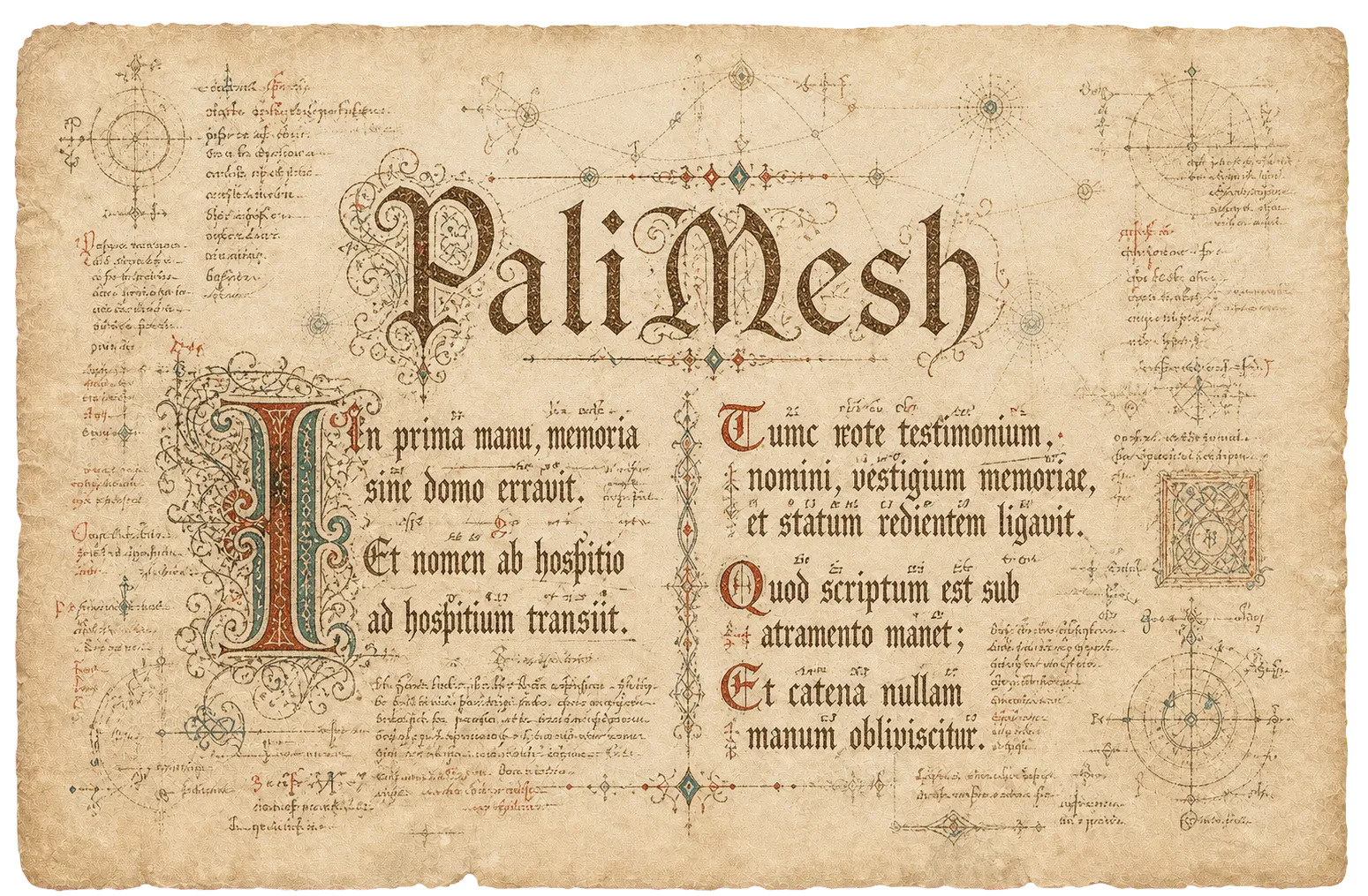 An ornate medieval-style PaliMesh parchment codex, a network diagram faintly visible beneath dense Latin script